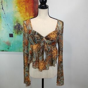 Sheer Sun Motif Tie-Front Flare Long Sleeve Blouse in Brown & Blue